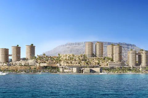 Morning rendering of the coastal tower skyline seen from the Red Sea