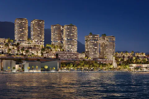 Dusk rendering of the towers above the waterfront exhibition and conference building