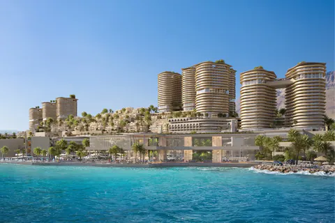 Rendering of the towers and yacht club on the shoreline, seen from the sea