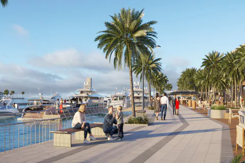 Rendering of the palm-lined marina promenade with benches and moored yachts