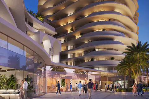 Rendering of the plaza at the base of the hotel tower at dusk