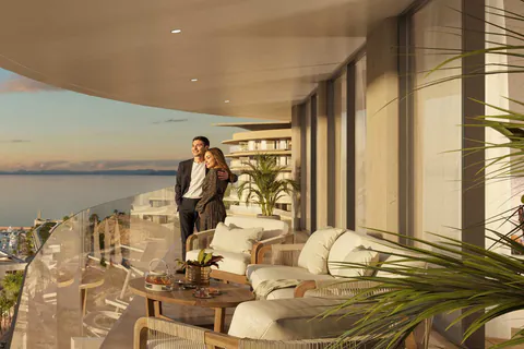 Rendering of a residence terrace overlooking the sea at sunset