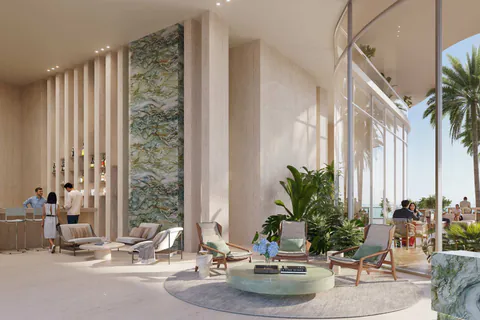 Rendering of a lobby lounge with a marble feature wall and garden views