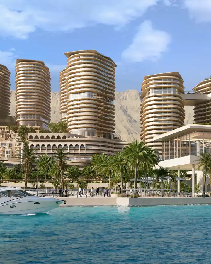 Rendering of the Marina Towers skyline seen from the sea, with a yacht in the foreground