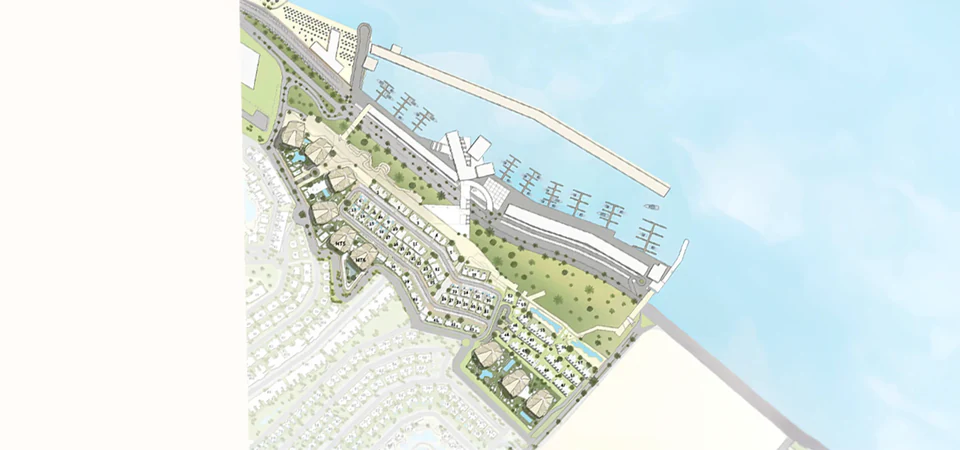 Masterplan of the Marina Towers district with the marina, breakwater and tower sites